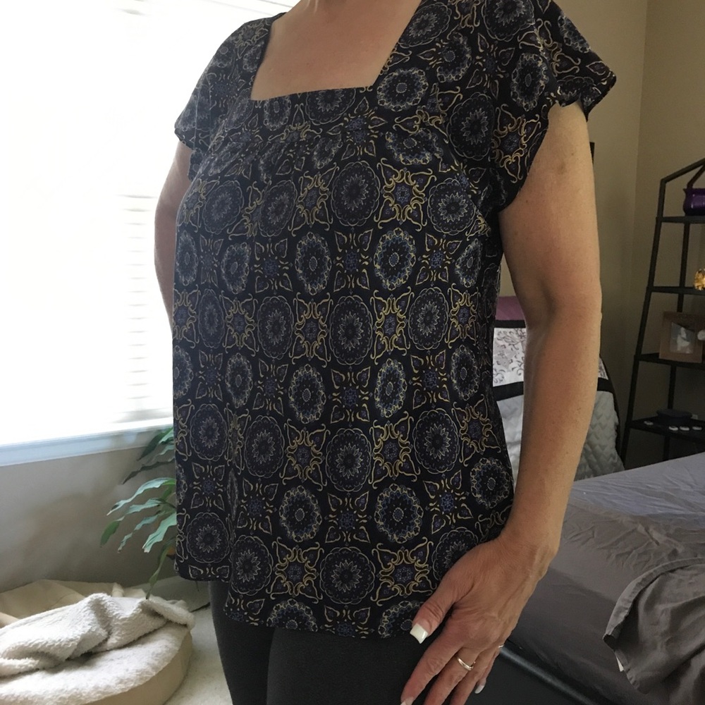 Navy/Brown/lilac/tan multi color square neck top